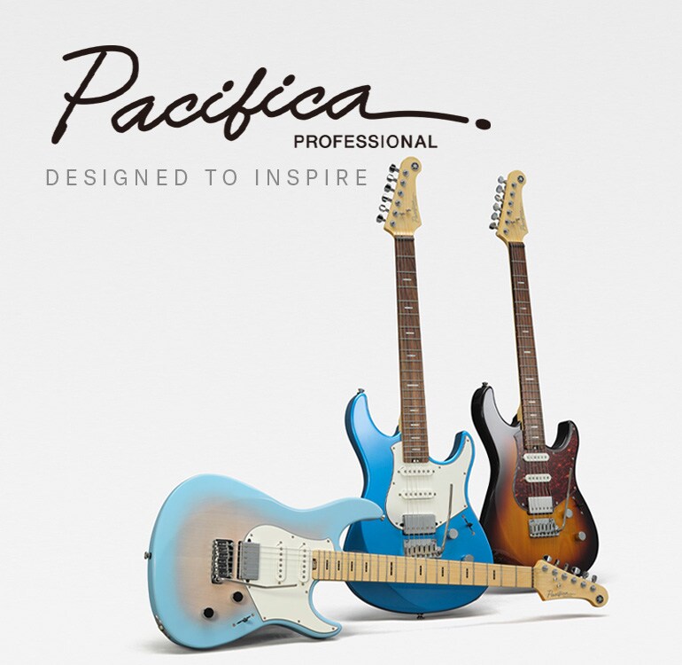 White background. Left: Pacifica professional logo & designed to inspire text. Right: 3 guitars