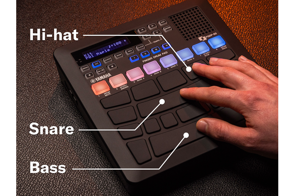 FGDP and a hand. Diagram indicating Hi-hat, Snare, Bass pad location