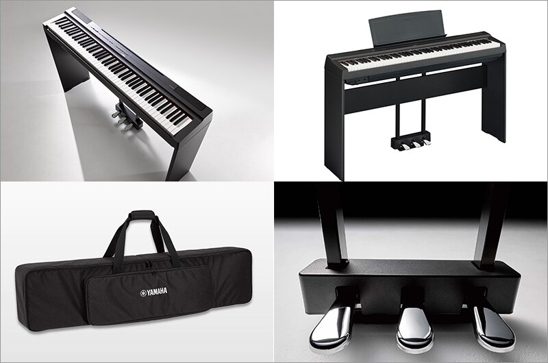 A collage of photos, including overhead and front-left views of the P-125a in combination with the optional stand and pedal unit, and photos of the optional keyboard bag and the optional metal three-pedal pedal unit