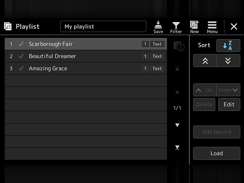 Obrazovka seznamu skladeb na aranžovací pracovní stanici Yamaha PSR-SX920/720+