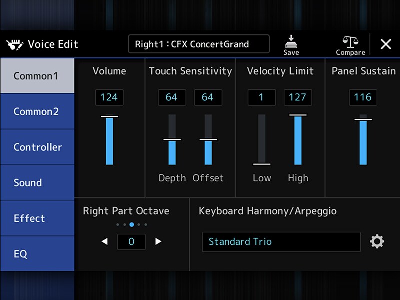 Obrazovka pro úpravy zvuků na aranžovací pracovní stanici Yamaha PSR-SX920/720+