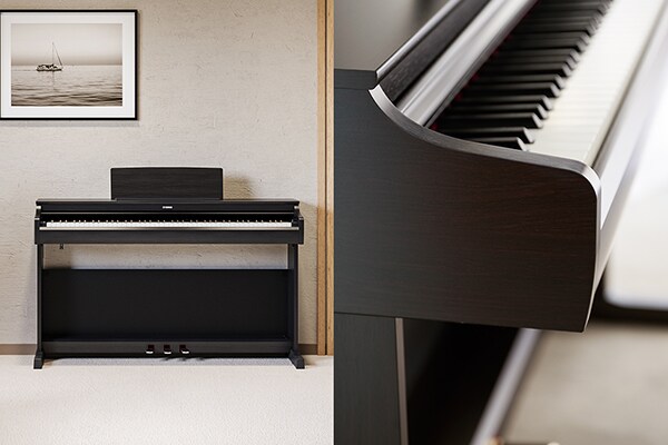 Piano ARIUS, které skvěle zapadne do obývacího pokoje, a jeho ladné křivky v designových detailech