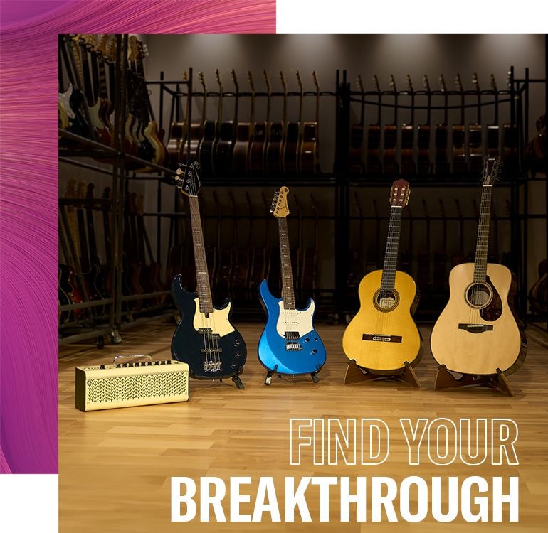 Background is a rack full of guitars. 5 products are placed in the center. From the left is THR30II, BBP34 Midnight blue, PACIFICA Professional Sparkle Blue (Rosewood), GC32S, FG9R.