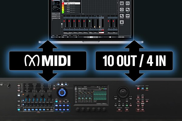 Image showing the WORKFLOW feature with USB MIDI 2.0 and audio interface functionality enabling a functional studio setup