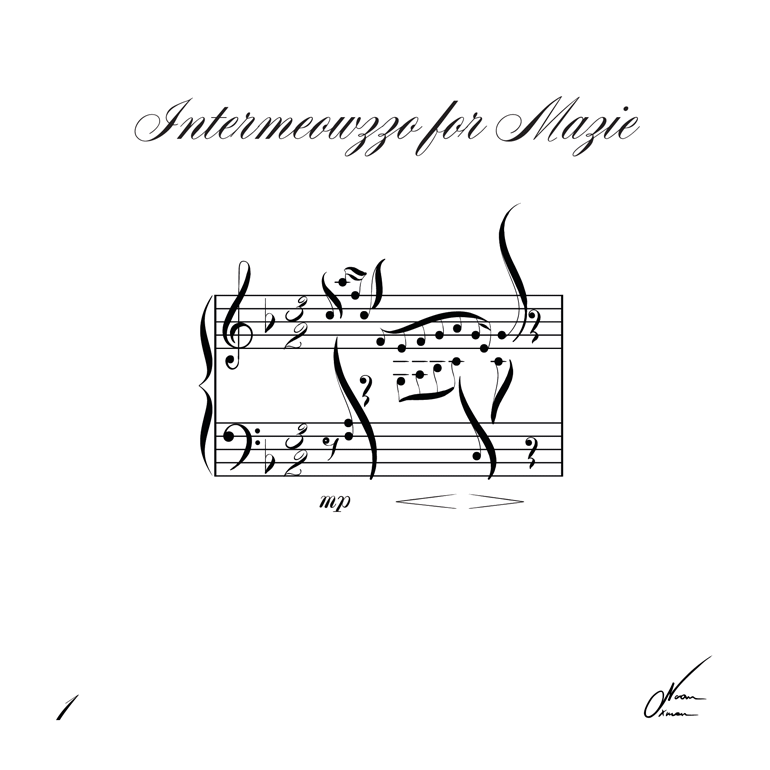 Noty s názvem „Intermeowzzo for Mazie“ s notami uspořádanými do tvaru kočky.