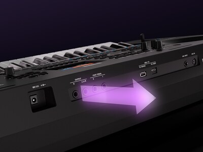Detailní záběr na výstupní porty LINE OUT modelu PSR-SX620 pro vysoce kvalitní zvukový výstup.