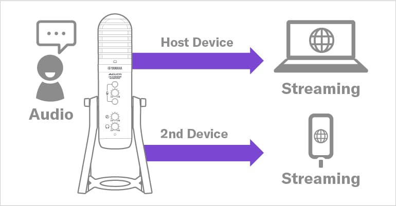 Yamaha AG01: Mirrored streaming by USB-connected devices and sub-devices connected via smartphones (4-pole mini i/o).