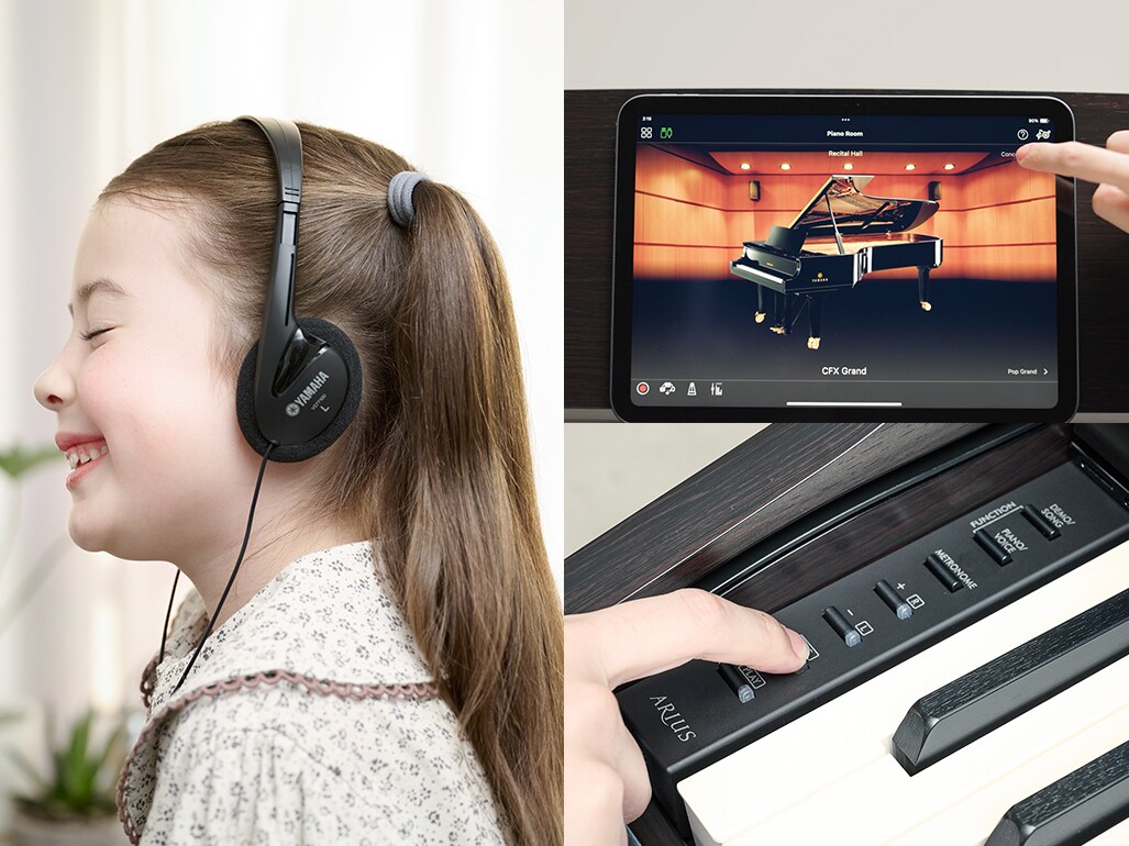 Cvičení na digitálním pianu se sluchátky, sledování obrazovky aplikace Smart Pianist a nahrávání pomocí vestavěných ovládacích prvků piana.