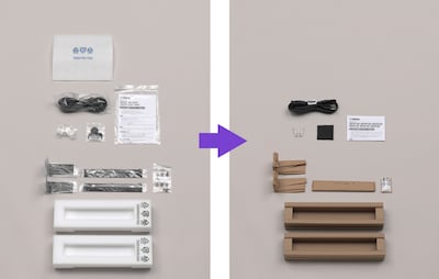 Picture showing previous packaging using plastic bags and Styrofoam, and new packaging with less plastic and cardboards instead of Styrofoam as cushioning.